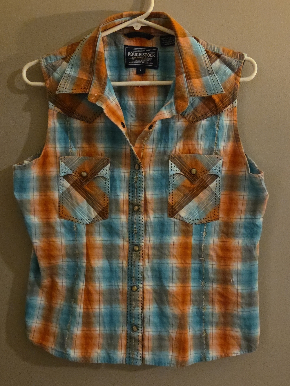 Women's Western Snsp Orange & Turquoise Plaid Sleeveless Shirt